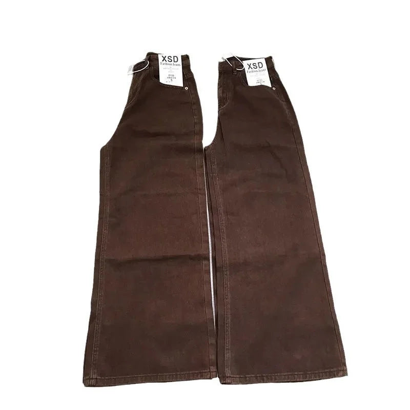 Jeans Rectos Café Retro — Tiro Alto Pierna Ancha