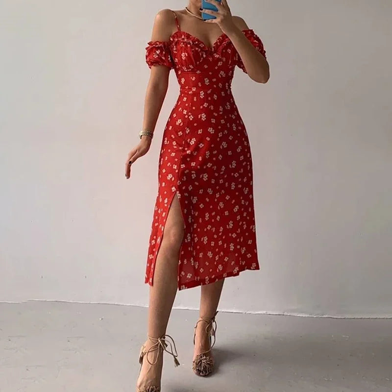 Vestido Midi Floral Hombros Descubiertos — Abertura Lateral