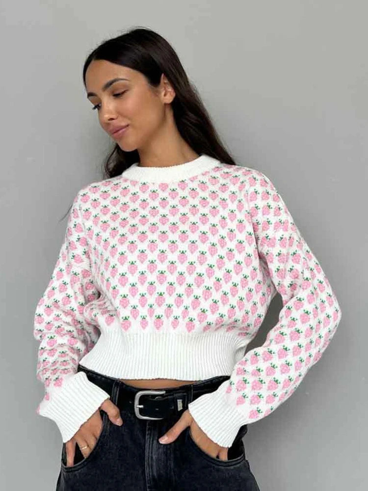 Sweater Corto con Fresas Jacquard — Cuello Redondo