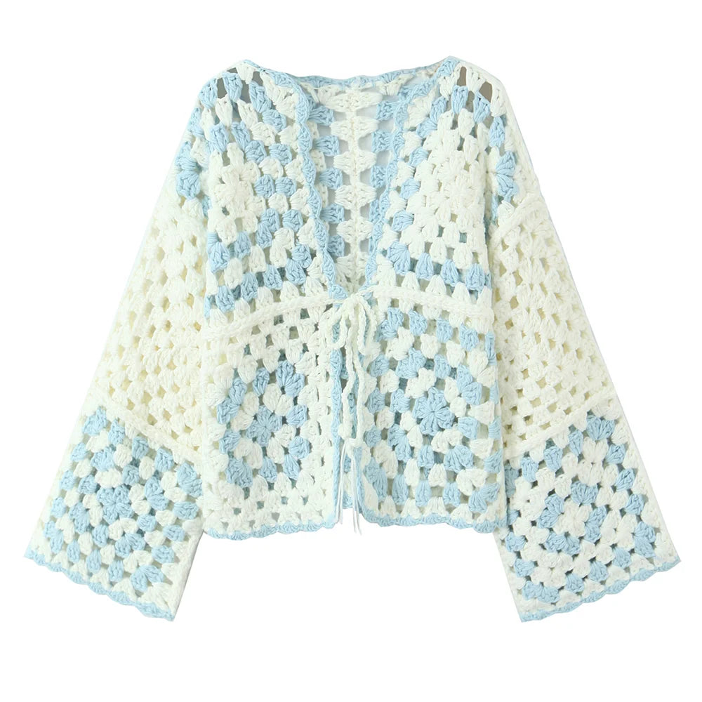 Cárdigan Crochet con Lazo Frontal — Cuello V Boho