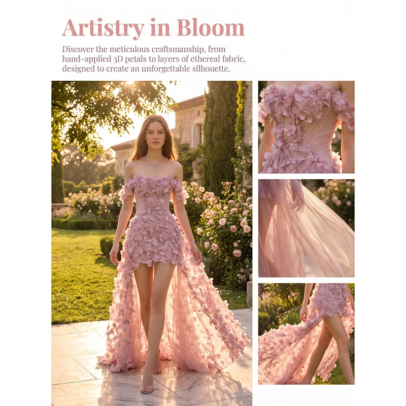 Vestido de Fiesta Rosa Hombros Caídos — Cola de Tul con Flores 3D