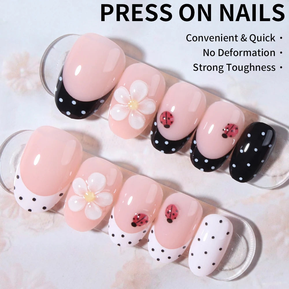 Set de Uñas Postizas con Diseño Floral y Mariquitas