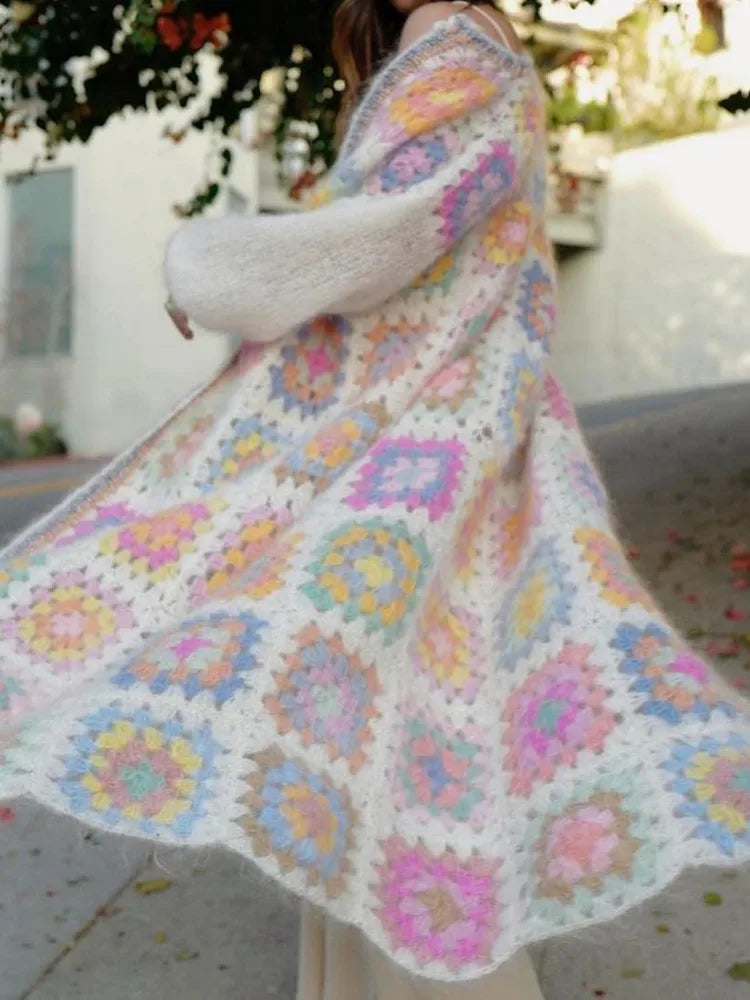 Cárdigan Crochet Largo Vintage — Cuello Redondo