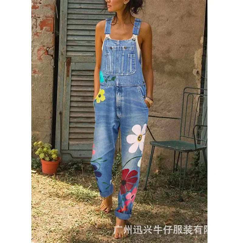 Overol de Denim con Tirantes — Estampado Floral