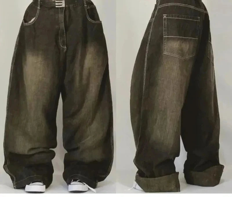 Jeans Anchos Bordados con Flor de Cerezo — Estilo Y2K