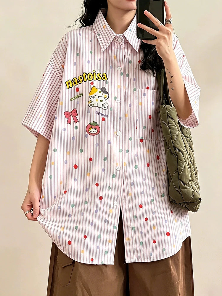 Blusa Bordada de Lunares y Rayas — Estilo Kawaii