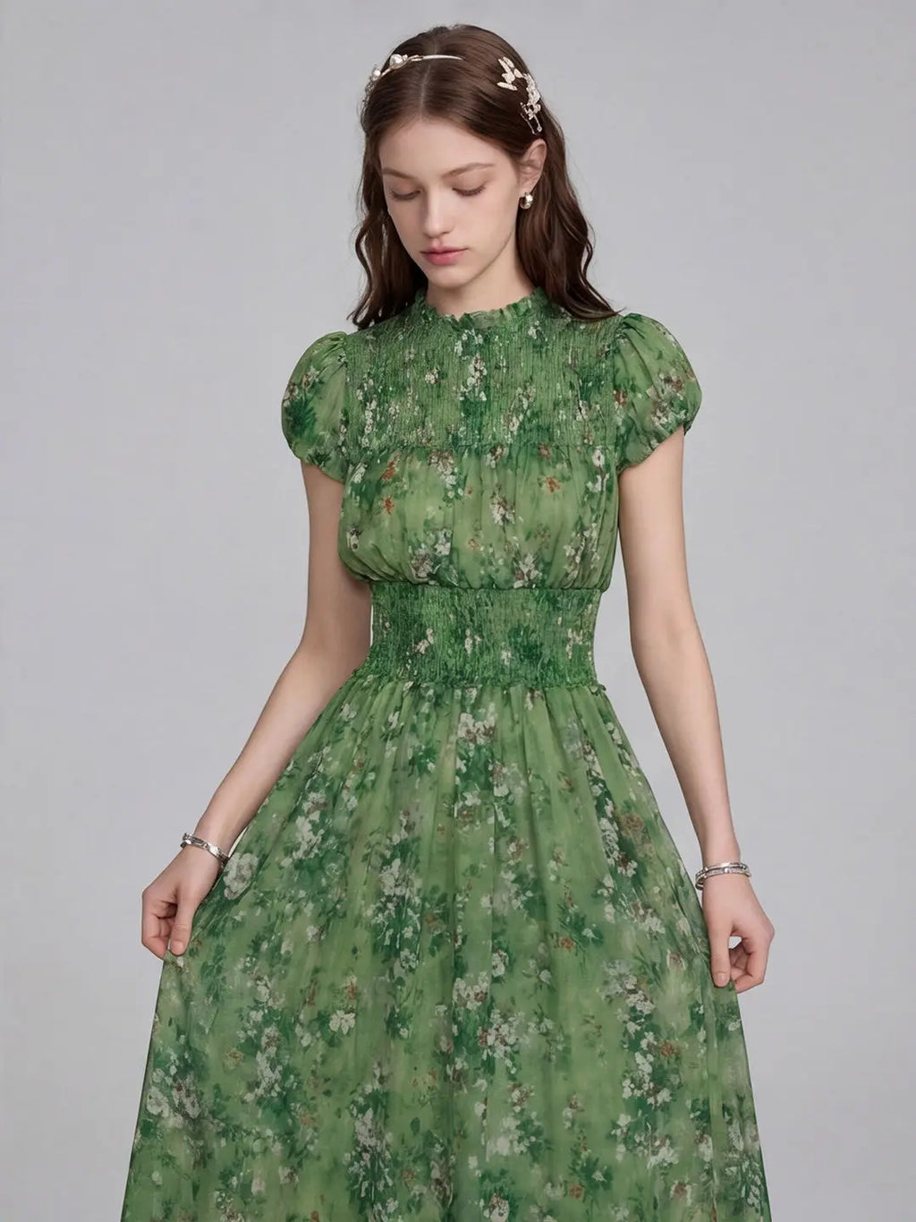 Vestido Verde Manga Globo Talla Grande — Suave y Fluido