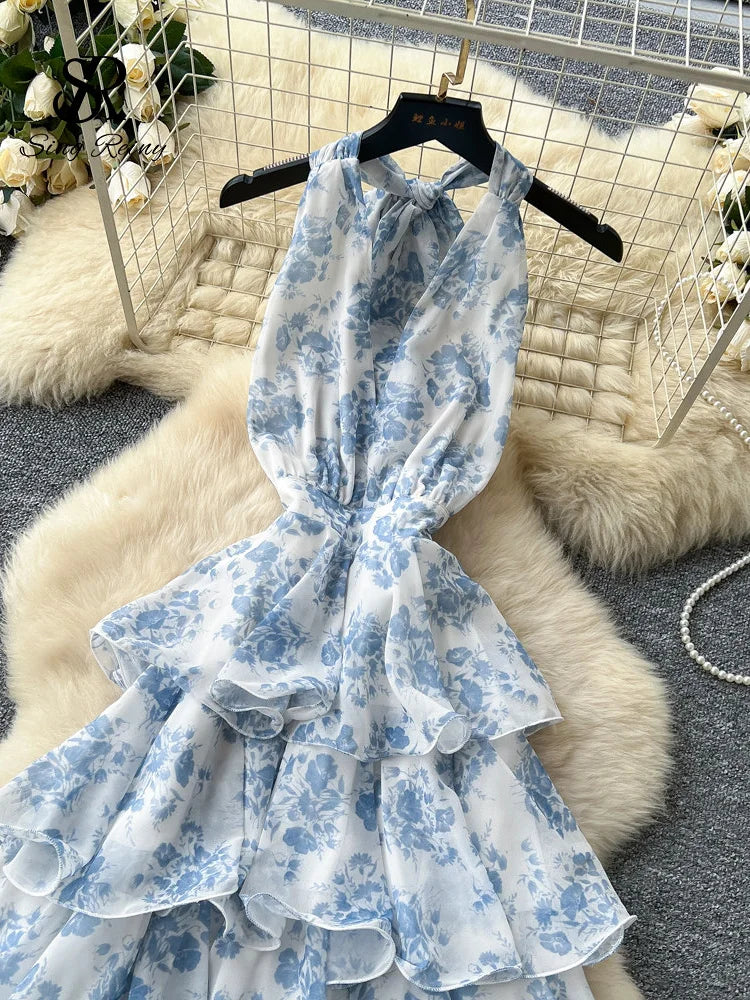 Vestido de Fiesta Floral Afrancesado — Espalda Descubierta con Amarre