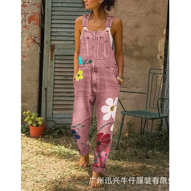 Overol de Denim con Tirantes — Estampado Floral