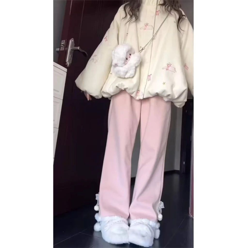 Pantalón Forrado en Polar Rosa — Tiro Alto Acampanado