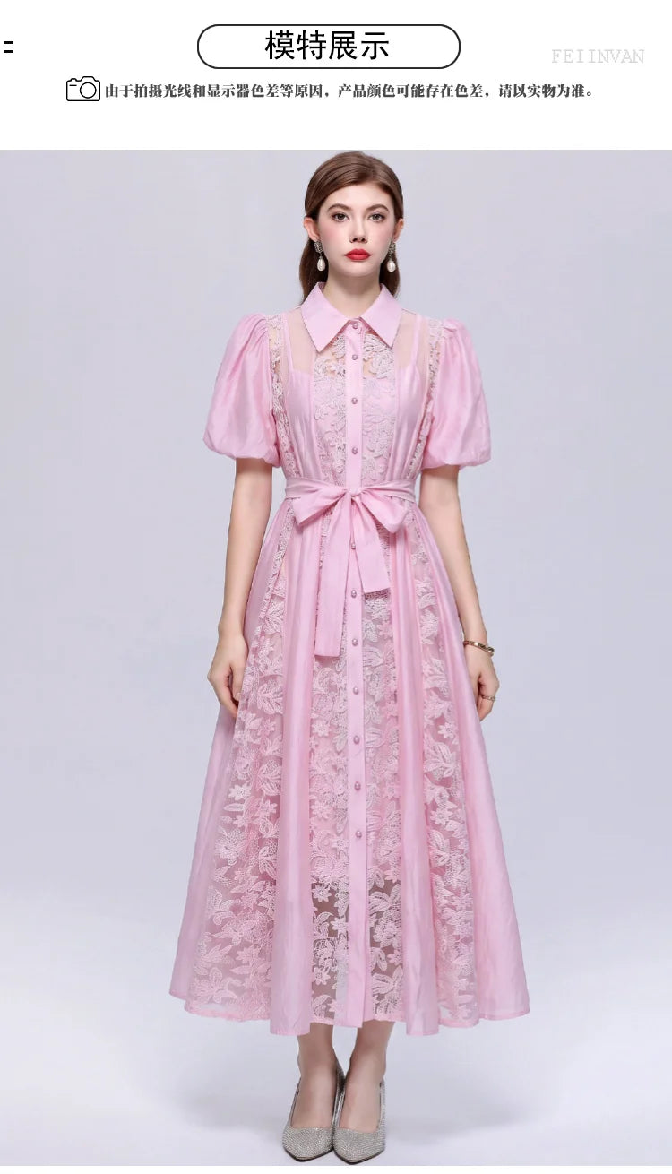 Vestido Camisero de Encaje Calado — Estilo Vintage
