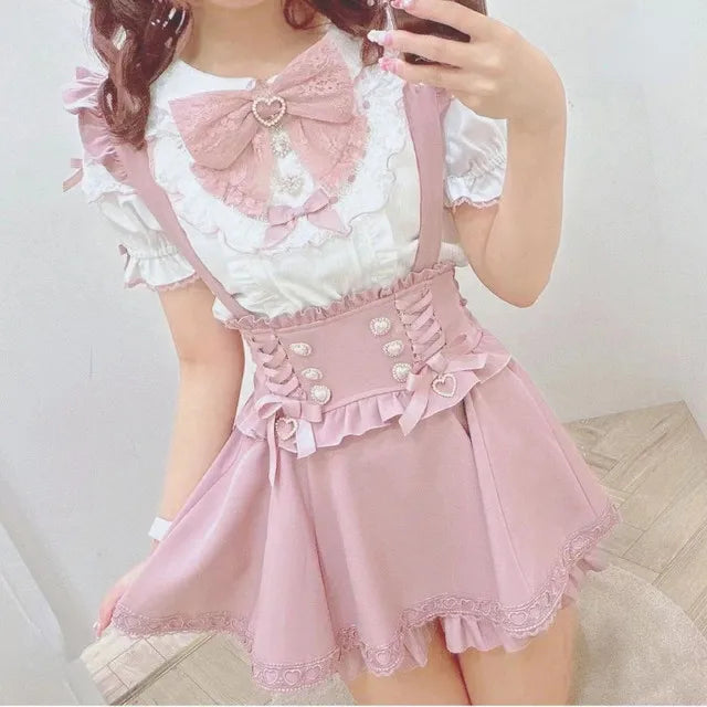 Falda Tiro Alto con Tirantes y Lazo — Estilo Kawaii