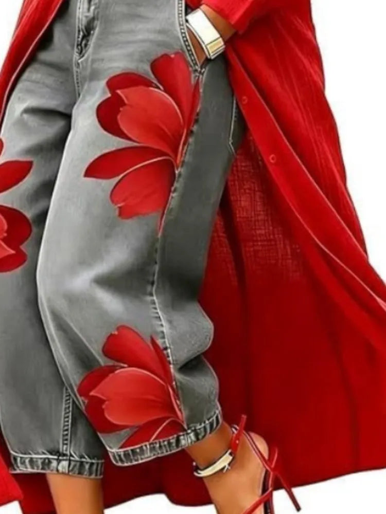 Pantalón Efecto Denim Estampado — Corte Ancho 7/8