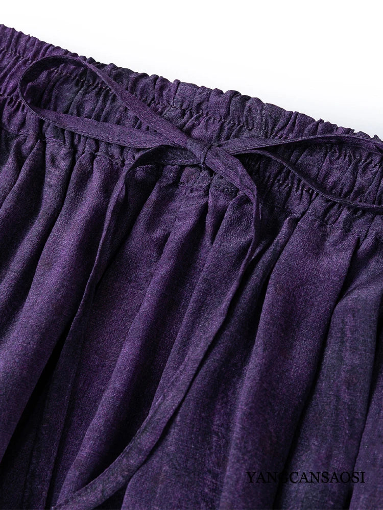 Pantalón de Seda Natural Morado — Cintura Elástica con Tirante