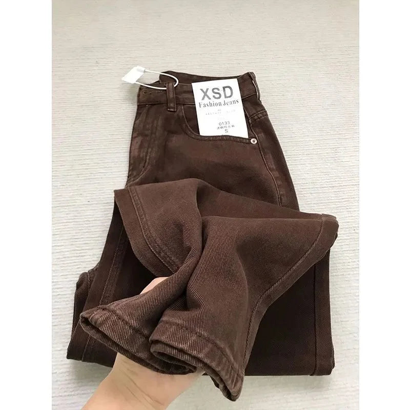 Jeans Rectos Café Retro — Tiro Alto Pierna Ancha