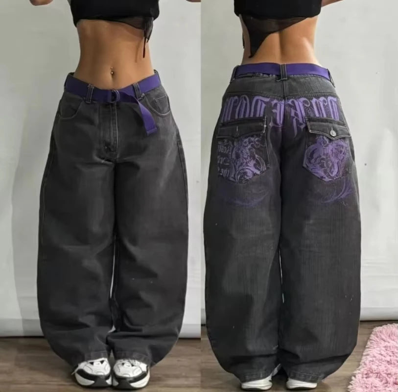 Jeans Anchos Bordados con Flor de Cerezo — Estilo Y2K
