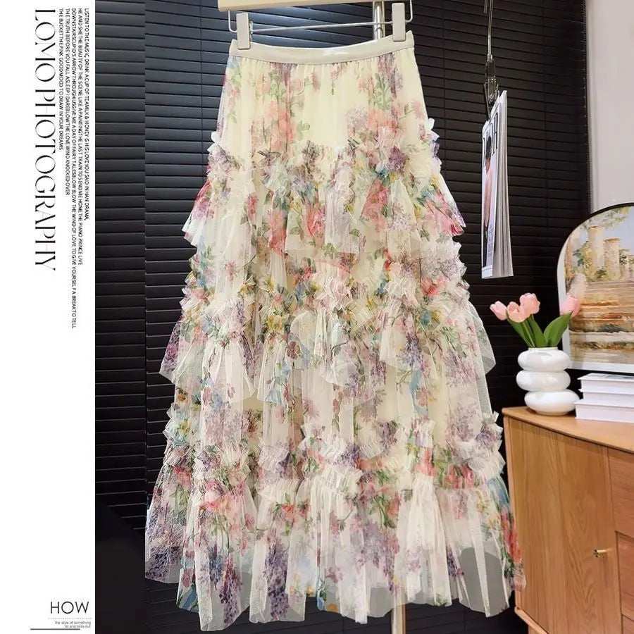 Falda Larga de Encaje Floral — Estilo Coreano