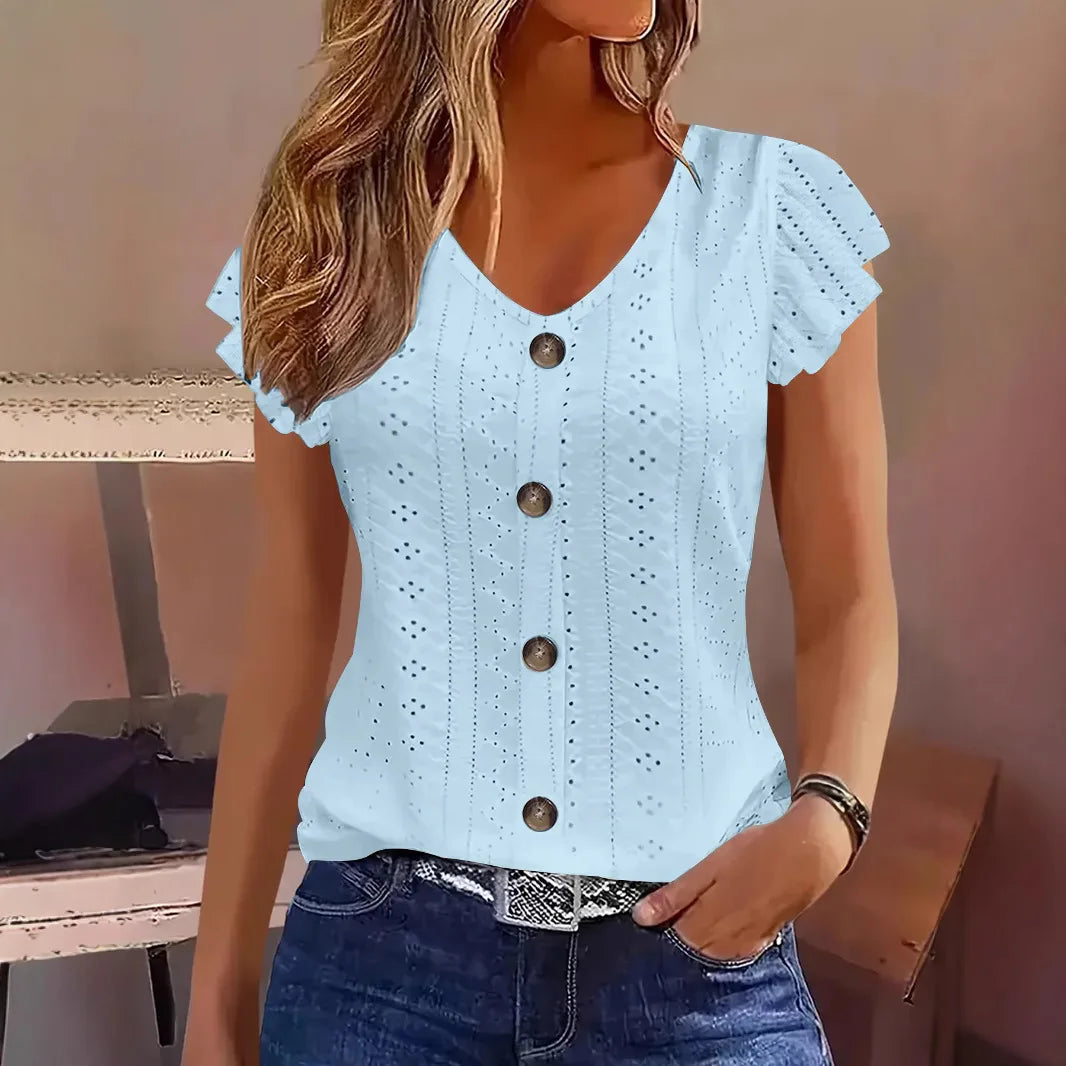 Blusa Color Liso Escote V — Manga Corta Casual