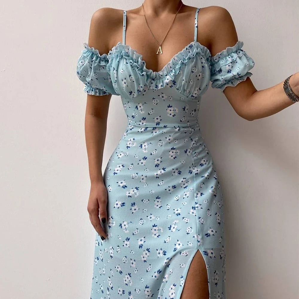 Vestido Midi Floral Hombros Descubiertos — Abertura Lateral