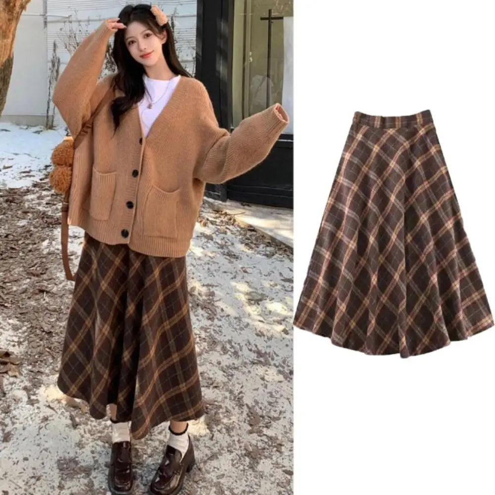 Falda Midi a Cuadros Tiro Alto — Estilo Retro Preppy