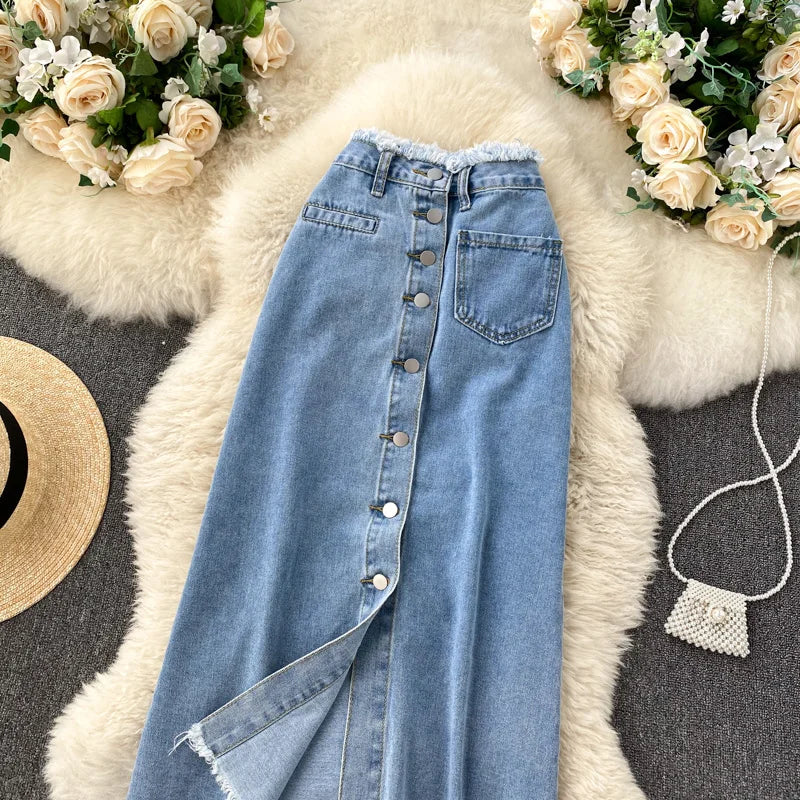 Falda Larga de Denim con Bolsillos — Estilo Vintage