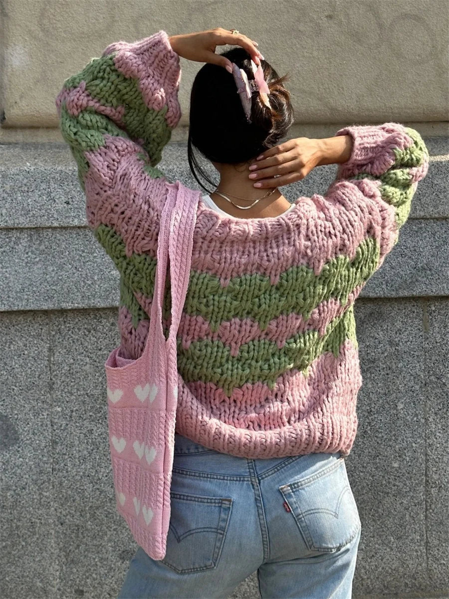 Cárdigan Corto Oversize a Rayas — Color Block Vintage
