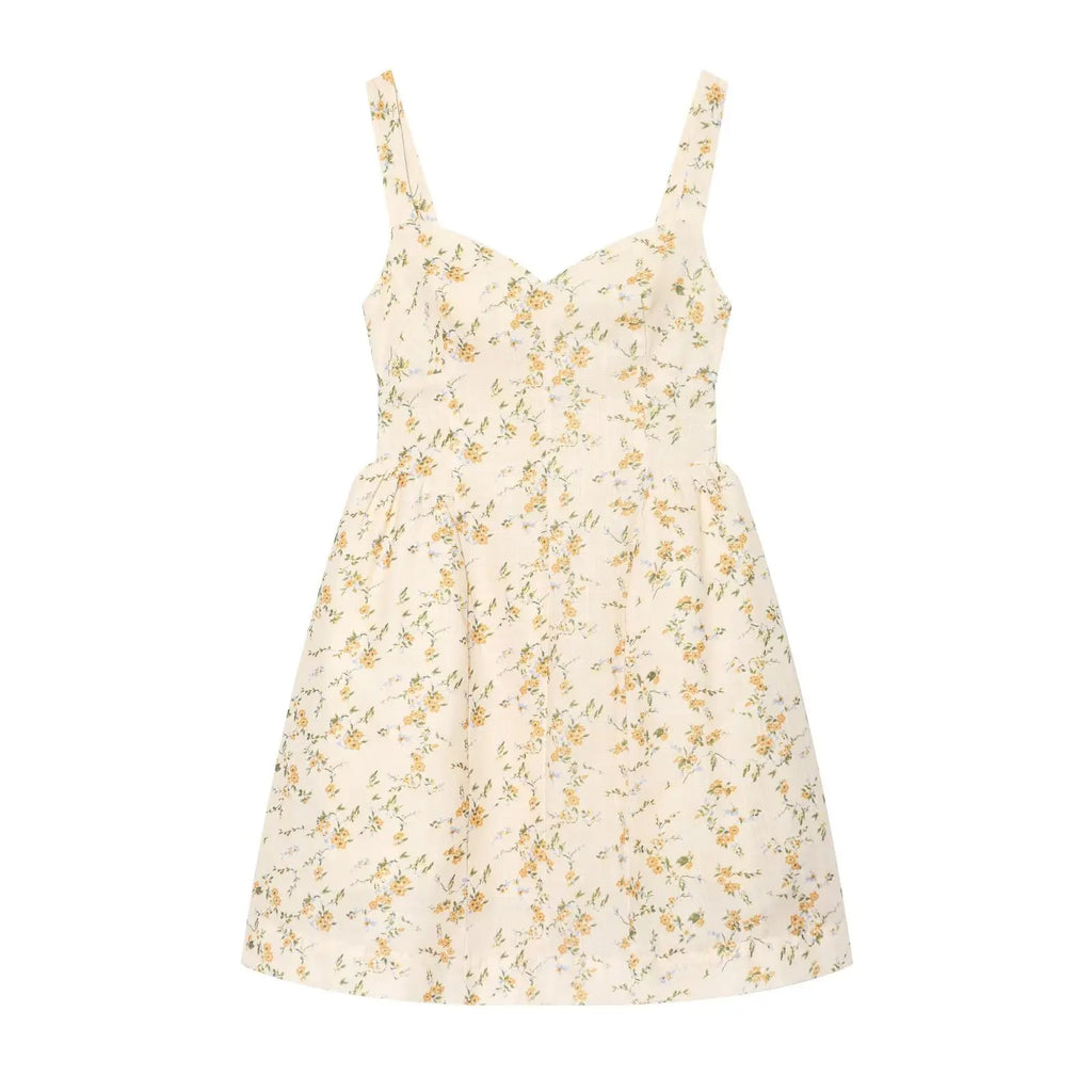 Vestido Corto de Tirantes Amarillo Floral — Escote V Fruncido