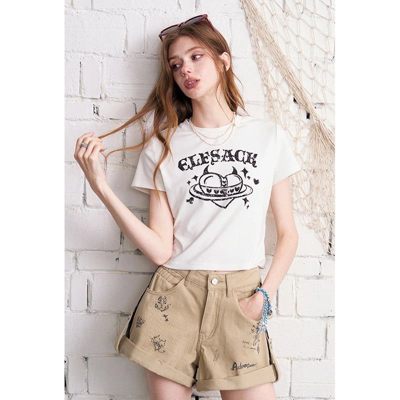 Short de Denim Estampado Graffiti — Cintura Paperbag
