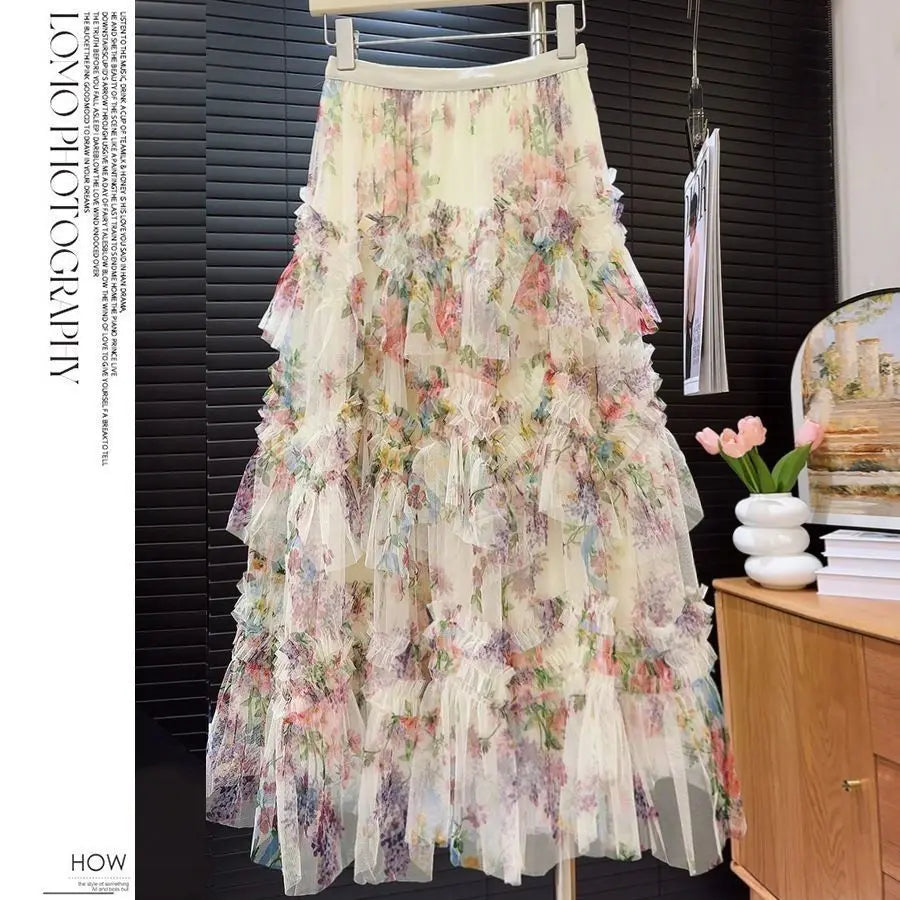 Falda Larga de Encaje Floral — Estilo Coreano