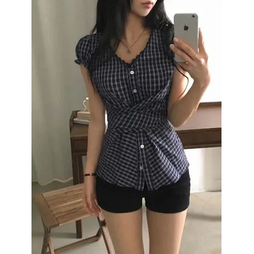 Blusa Corta a Cuadros — Manga Abullonada Coreana
