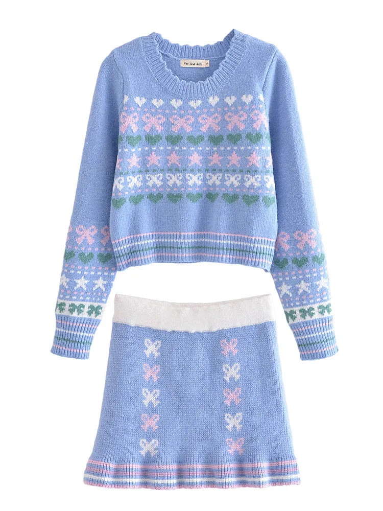 Conjunto Sweater Corto Azul con Corazones y Falda Mini — Set a Juego