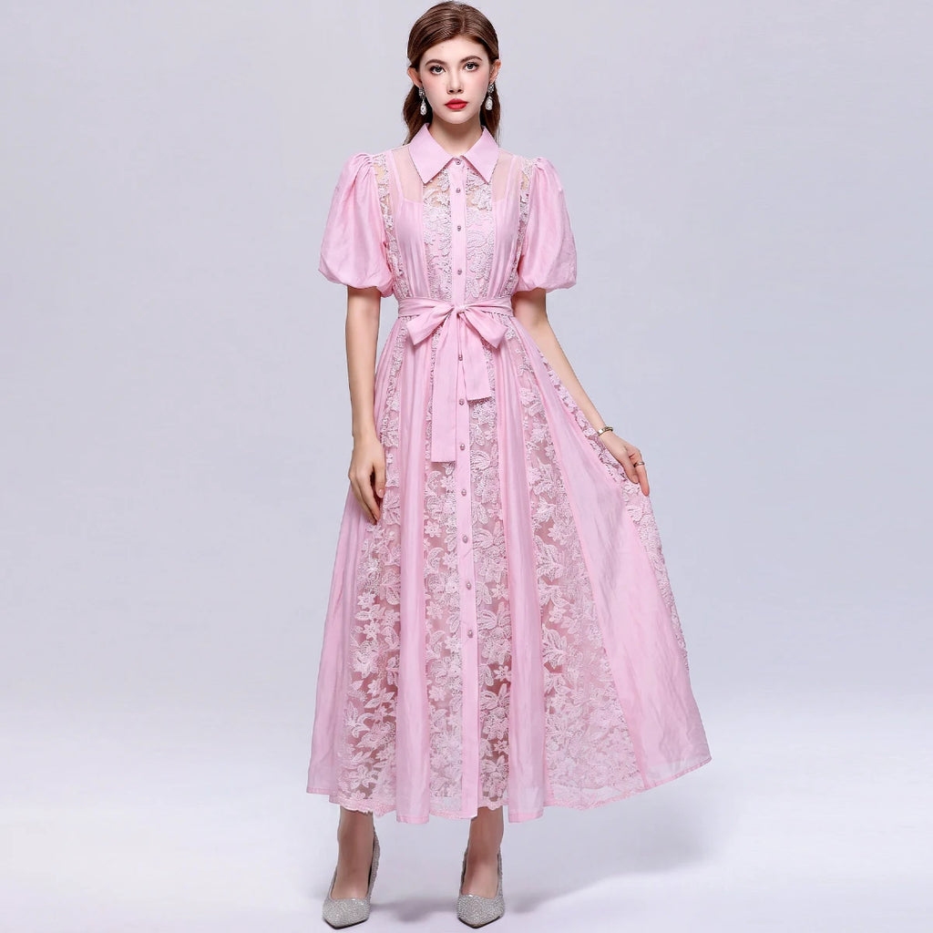 Vestido Camisero de Encaje Calado — Estilo Vintage