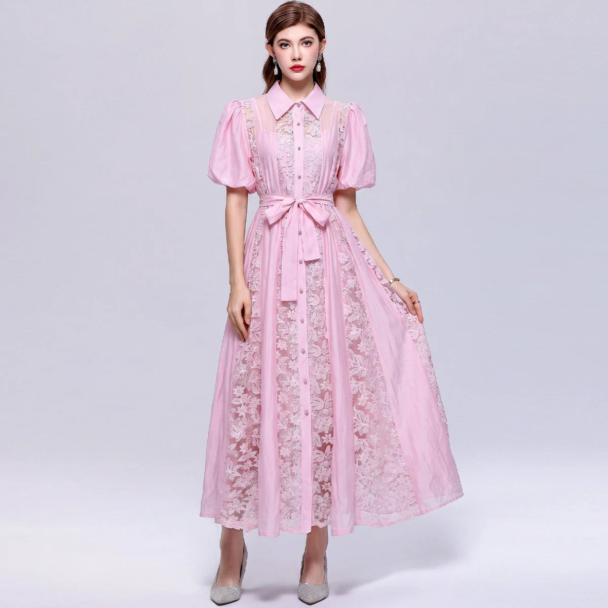 Vestido Camisero de Encaje Calado — Estilo Vintage