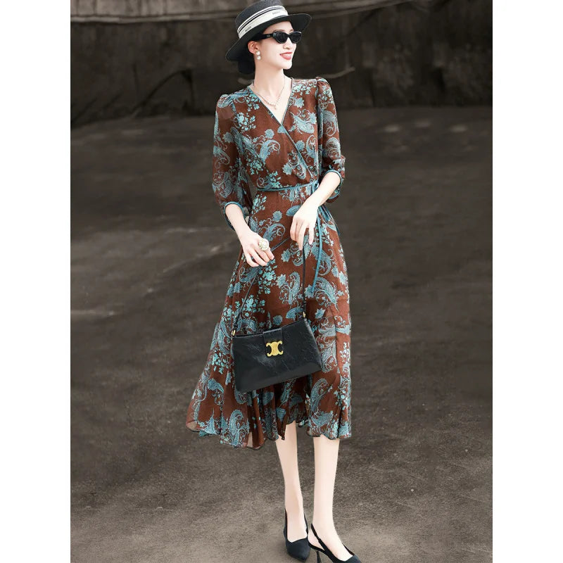 Vestido Maxi Sirena Estampado Paisley — Mangas Abullonadas