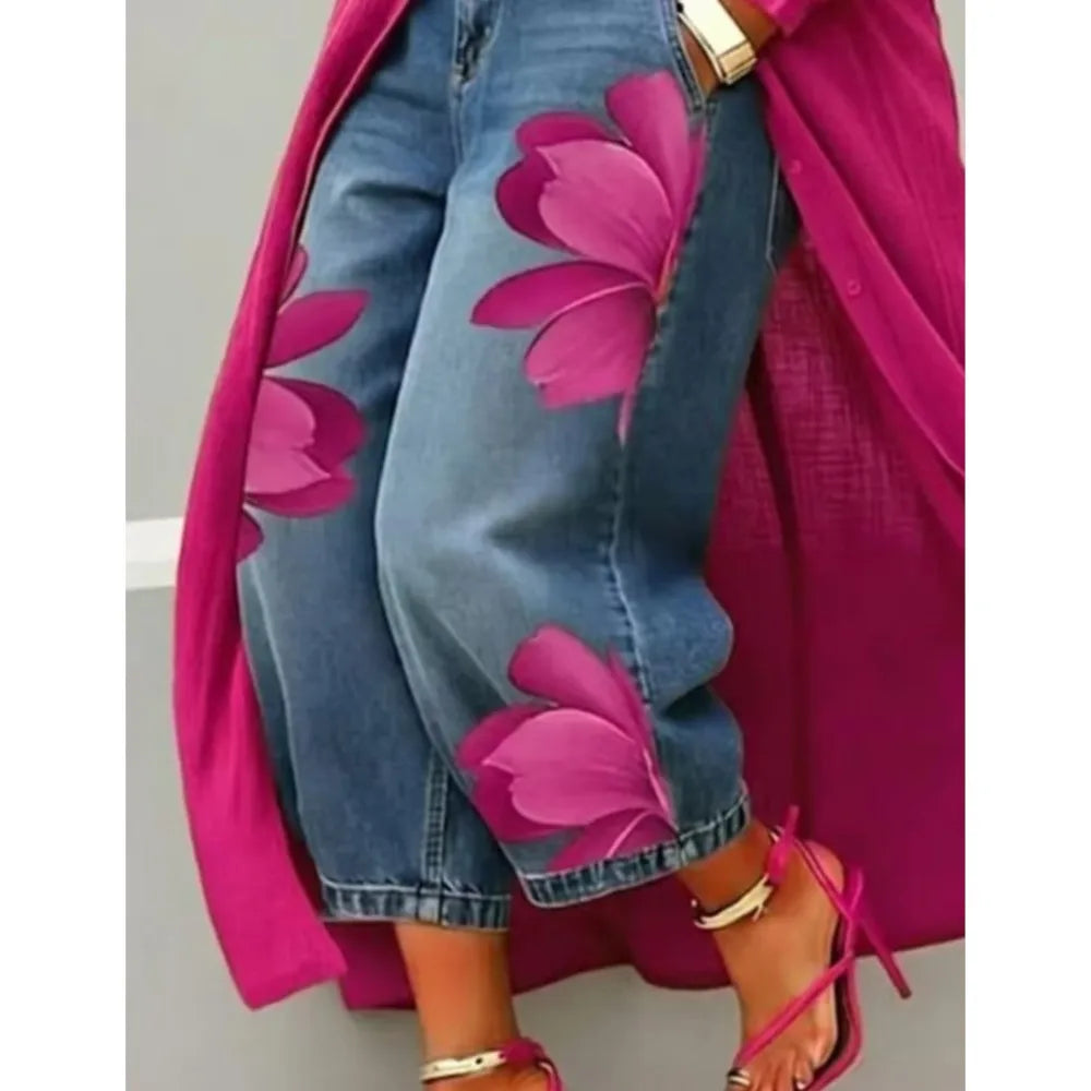 Pantalón Efecto Denim Estampado — Corte Ancho 7/8