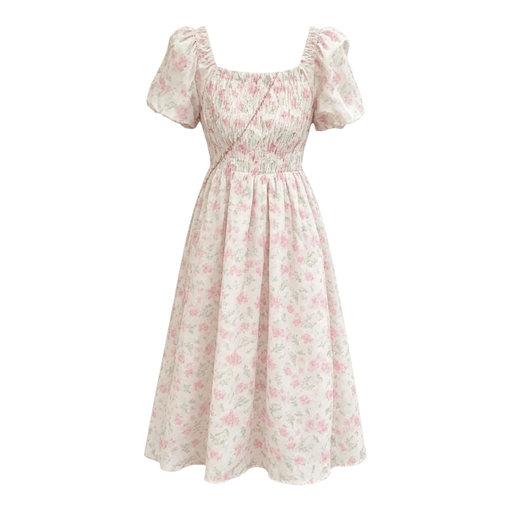 Vestido Midi Plisado Floral — Manga Globo y Cintura Ceñida