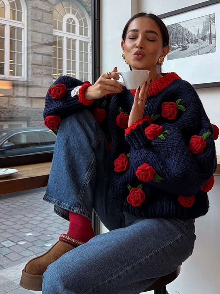 Sweater Vintage con Rosa Decorativa — Cuello Redondo Casual