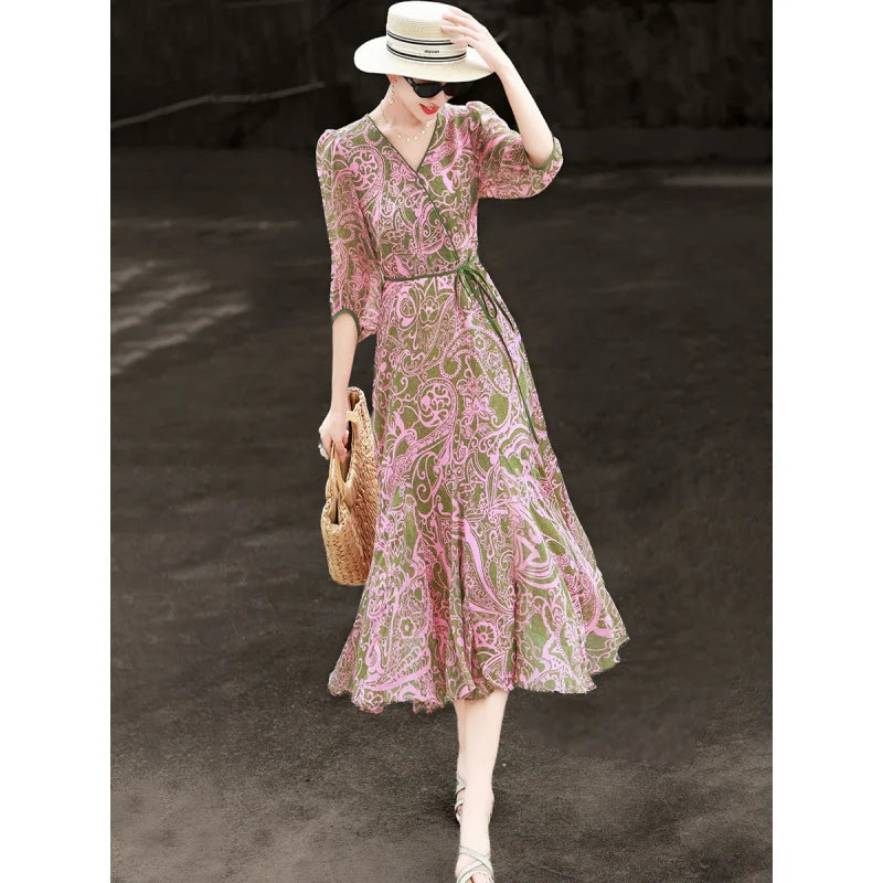 Vestido Maxi Sirena Estampado Paisley — Mangas Abullonadas