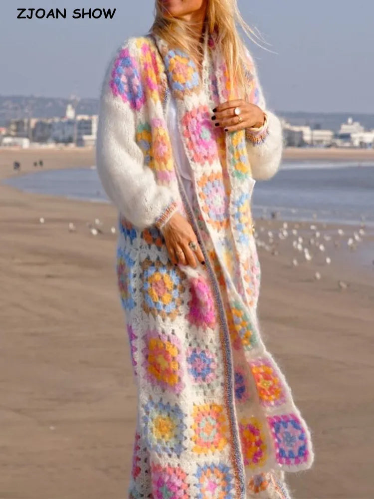 Cárdigan Crochet Largo Vintage — Cuello Redondo