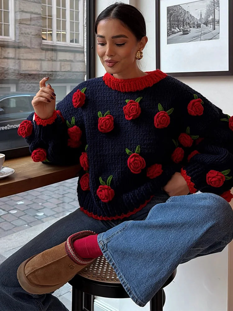 Sweater Vintage con Rosa Decorativa — Cuello Redondo Casual