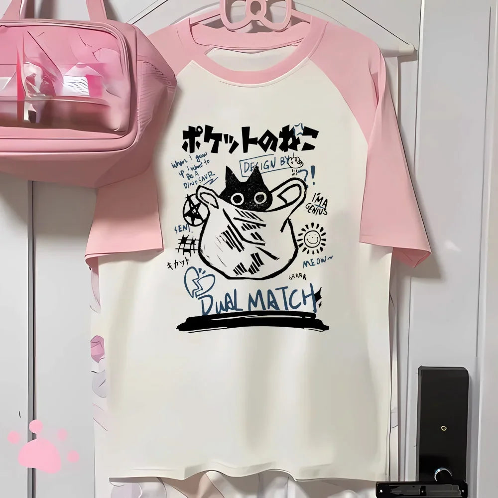 Camiseta Grunge Estampado de Gato — Estilo Harajuku Y2K