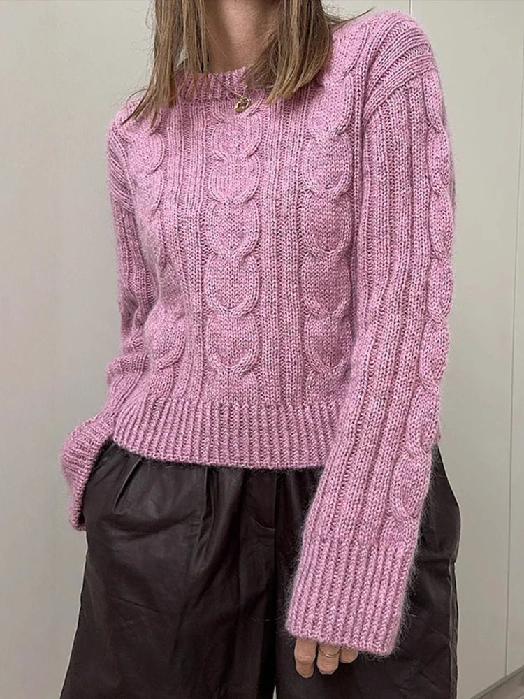 Sweater Rosa Tejido Trenzado — Cuello Redondo Suave