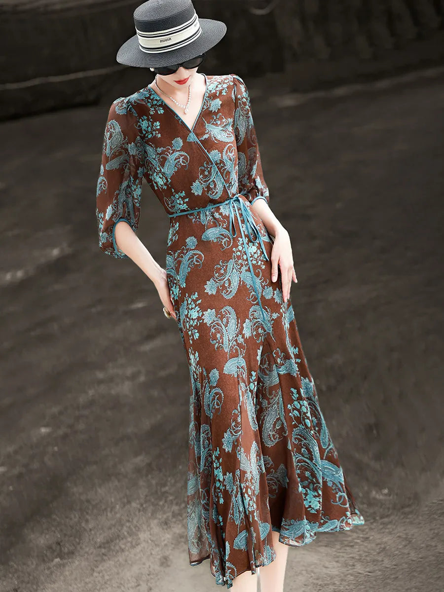 Vestido Maxi Sirena Estampado Paisley — Mangas Abullonadas