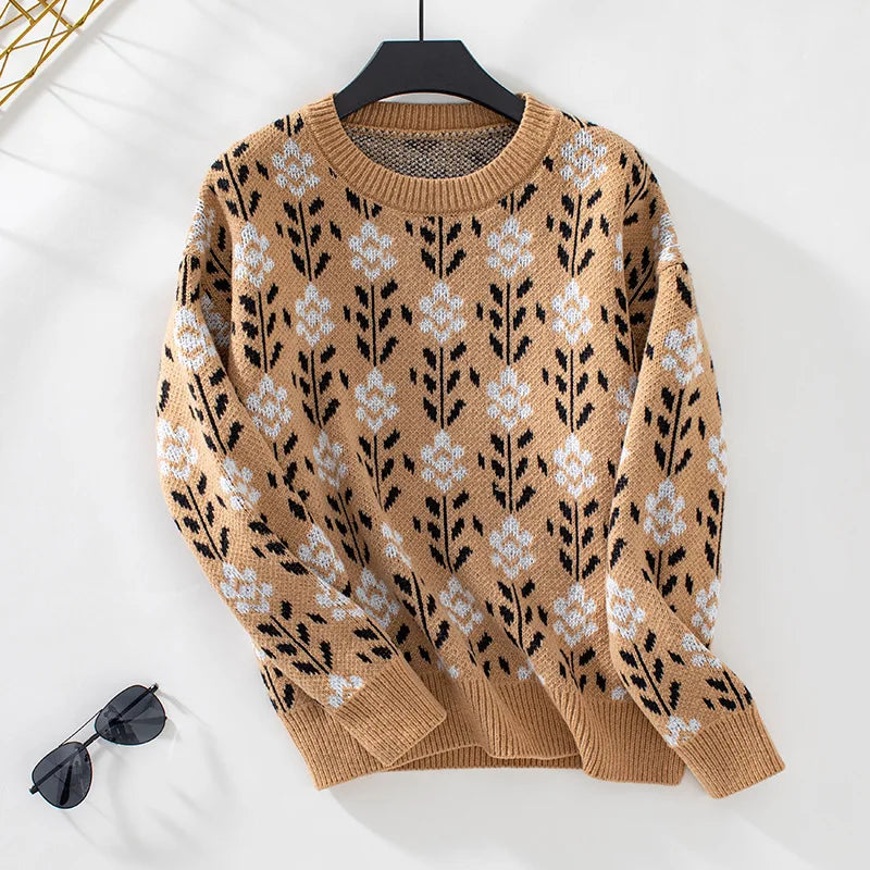 Sweater Jacquard Floral Vintage — Cuello Redondo Retro