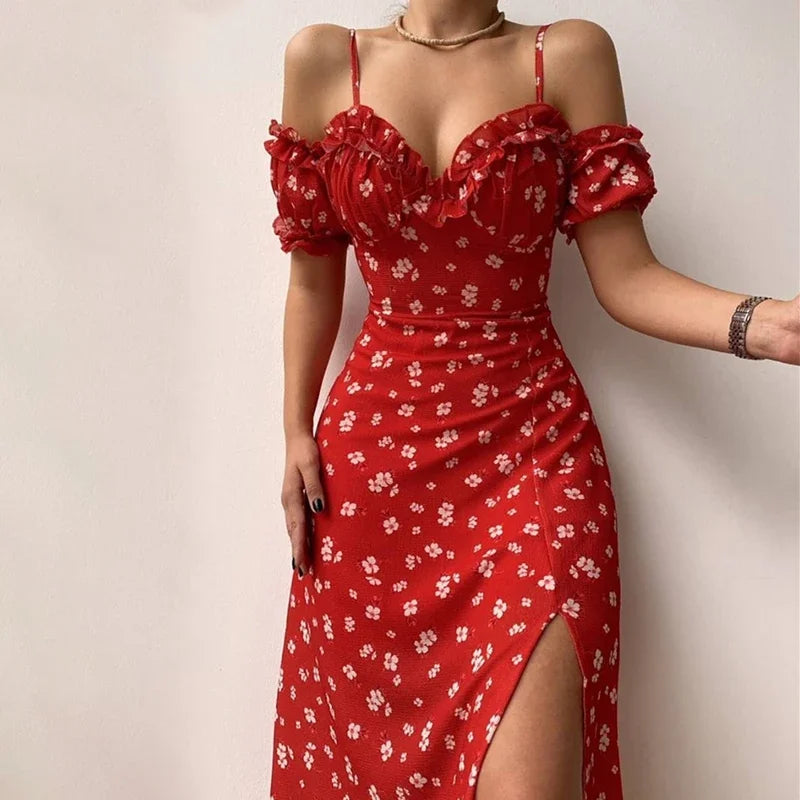 Vestido Midi Floral Hombros Descubiertos — Abertura Lateral