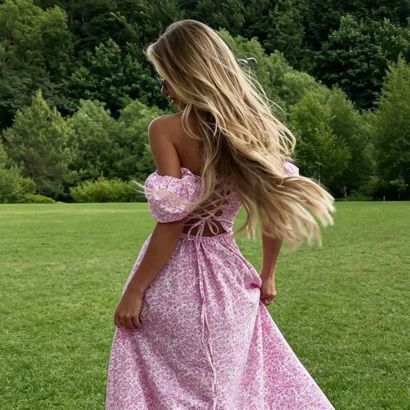 Vestido Maxi Floral Hombros Caídos — Escote V y Abertura