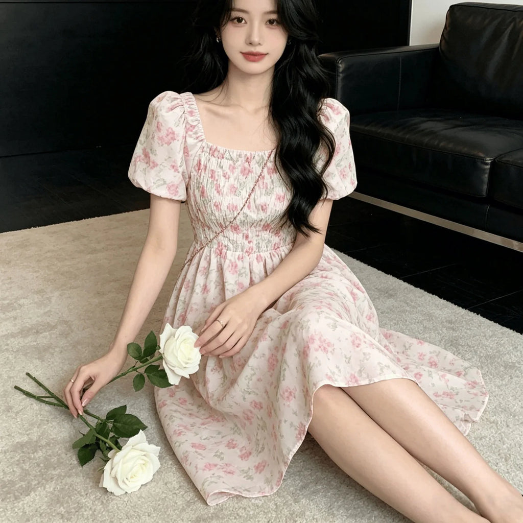 Vestido Midi Plisado Floral — Manga Globo y Cintura Ceñida