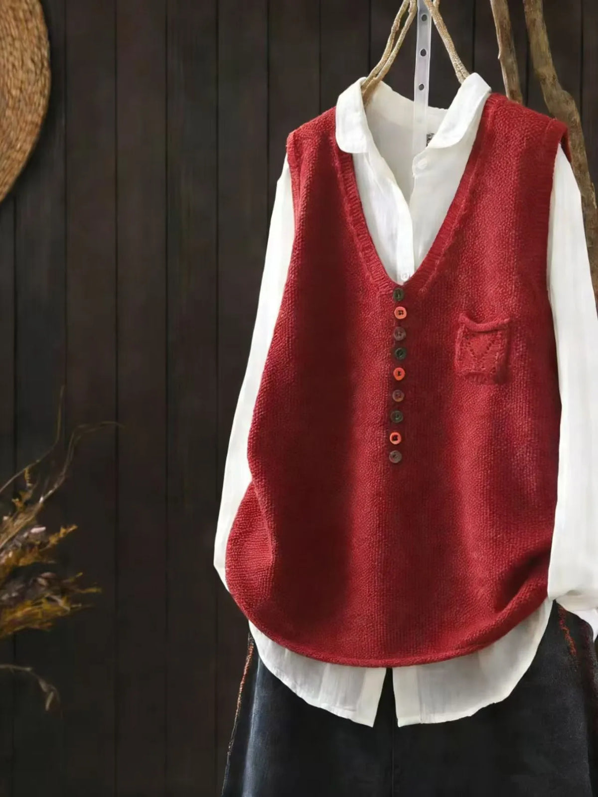 Chaleco Tejido de Algodón — Cuello V Retro