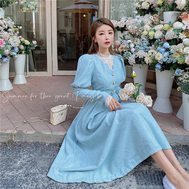 Vestido Midi de Encaje en Parches — Estilo Coreano Vintage