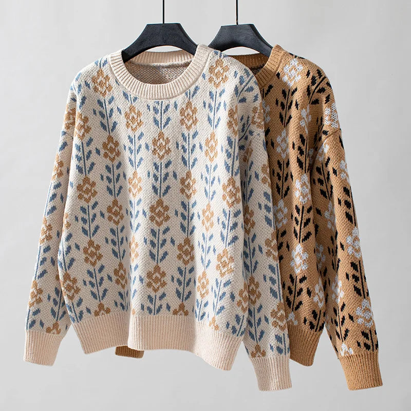 Sweater Jacquard Floral Vintage — Cuello Redondo Retro